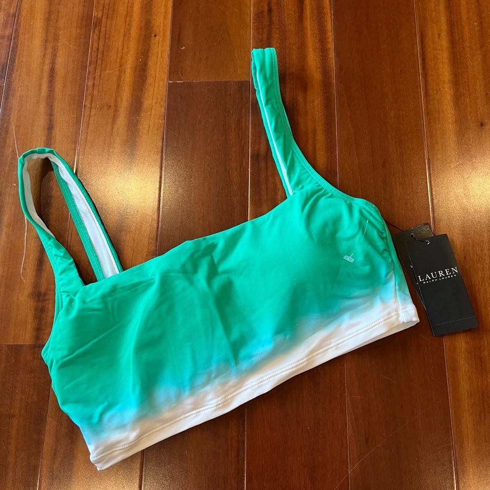 New NWT Lauren Ralph Lauren Bikini Crop Top Green‎ White Ombré Swim Tank Size 8